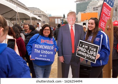 San Francisco, CA - Jan 25, 2020: Unidentified Participants At The 16th Annual Walk For Life Rally At Civic Center. Taking Selfie With Life Sized Cut Out Of President Trump.