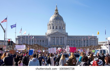 San Francisco, CA - January 20, 2018: Unidentified participants in the Women's March. Designed to engage and empower all people to support women's rights, and to encourage vote in midterm elections.