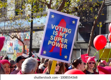 San Francisco, CA - January 20, 2018: Unidentified participants in the Women's March.  Designed to engage and empower all people to support women's rights, and to encourage voting in 2018 election.