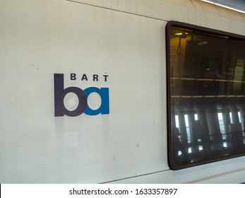 San Francisco, CA July 17, 2018: BART Bay Area Rapid Transit Train Logo On Side Of Subway Car