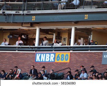 SAN FRANCISCO, CA - JULY 28: Giants Vs. Marlins: Hall Of Fame Announcer Jon Miller Sits In The KNBR 680 Broadcast Booth As He Calls The Game At AT&T Park July 28, 2010 In San Francisco, California.