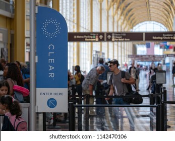 SAN FRANCISCO, CA JULY 3, 2018: CLEAR, Airport Line Shortcut Service, Line At TSA Security Checkpoint At Reagan National Airport