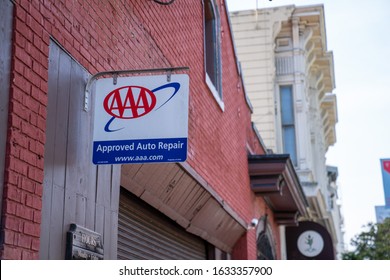 San Francisco, CA July 6, 2019: AAA Approved Auto Repair Sign Hung Above Car Garage