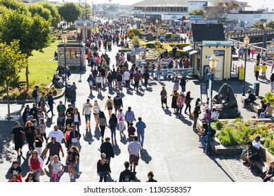 San Francisco, CA - July 8, 2018: A Very Busy Afternoon At Pier 39 In The Bay Of SF. Thousands Of People Come Here Each Day, Especially Weekends.