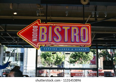 San Francisco, CA - July 8, 2018: Arrow Pointing To Boudin Bistro Sit Down Restaurant On Second Floor Of The Bakery/museum In The Fisherman’s Wharf Area.