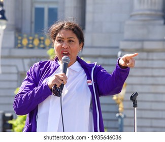 San Francisco, CA - Mar 13, 2021: San Francisco Mayor London Breed speaking to participants during the Open the Schools Rally at Civic Center in front of City Hall.