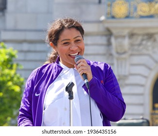 San Francisco, CA - Mar 13, 2021: San Francisco Mayor London Breed speaking to participants during the Open the Schools Rally at Civic Center in front of City Hall