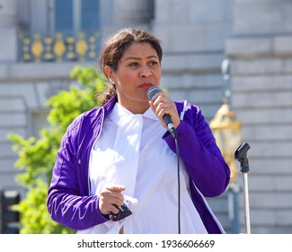 San Francisco, CA - Mar 13, 2021: San Francisco Mayor London Breed speaking to participants during the Open the Schools Rally at Civic Center in front of City Hall.