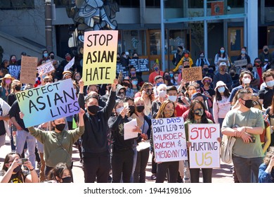 San Francisco, CA - Mar 26, 2021: Unidentified participants at a youth lead anti-Asian Violence Rally at Embarcadero after marching down Market Street.