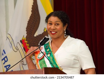 San Francisco, CA - March 11, 2022: San Francisco Mayor London Breed Speaking At The Irish Flag Raising Ceremony At City Hall.