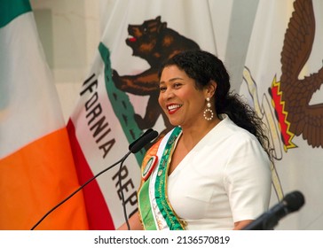 San Francisco, CA - March 11, 2022: San Francisco Mayor London Breed Speaking At The Irish Flag Raising Ceremony At City Hall.