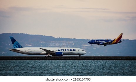 San Francisco, CA - May 14 2022: Busy Airplane Traffic At San Francisco Airport.