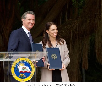 San Francisco, CA - May 27, 2022: Governor Newsome and Prime Minister Jacinda Ardern at the California and New Zealand Partner to Advance Global Climate Leadership press conference.