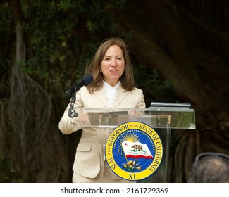 San Francisco, CA - May 27, 2022: Lieutenant Governor Eleni Kounalakis Speaking At The California And New Zealand Partner To Advance Global Climate Leadership Press Conference.