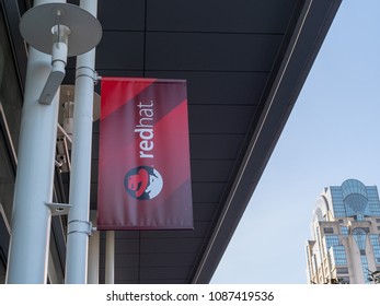 SAN FRANCISCO, CA – MAY, 9 2018: Red Hat Software, Open Source Provider Of Products Like Linux, Banner Hanging Outside Of A Building.