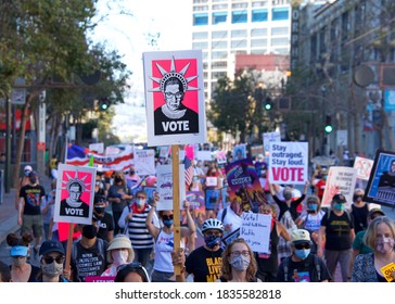 San Francisco, CA - Oct 17, 2020: Unidentified participants in the Women's March. Designed to engage and empower all people to support women's rights, to encourage vote in the 2020 elections.