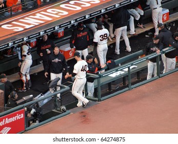SAN FRANCISCO, CA - OCTOBER 20: Madison Bumgarner steps into the dugout after the end of innings game 4 of the 2010 NLCS game between Giants and Phillies Oct. 20, 2010 AT&T Park San Francisco, CA.
