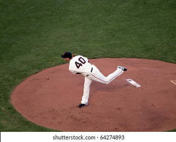 SAN FRANCISCO, CA - OCTOBER 20: Giants Vs. Phillies: Madison Bumgarner On One Leg After Throwing From Mound During Game Four Of The NLCS 2010 October 20, 2010 AT&T Park San Francisco.