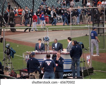 SAN FRANCISCO, CA - OCTOBER 28: MLB Network Broadcast Team Gets Ready For Pre-game TV Show At Game 2 Of The 2010 World Series Game Between Giants And Rangers Oct. 28, 2010 AT&T Park San Francisco.