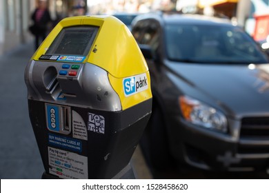 San Francisco, CA - October 6, 2019: Close up of SF Park meter on the side of the street in downtown.