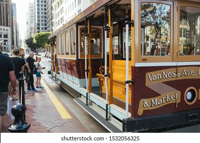 San Francisco, CA - October 6, 2019: Famous Cable Trolley In SF Getting Ready To Board Passengers To Go Down California Street.