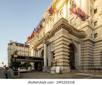 San Francisco, CA / United States - Aug. 25, 2019: a three quarter view of the famous Fairmont San Francisco Hotel in Nob Hill