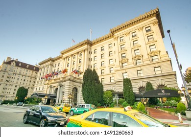 San Francisco, CA / United States - Aug. 25, 2019: a wide angle landscape view of the famous Fairmont San Francisco Hotel in Nob Hill