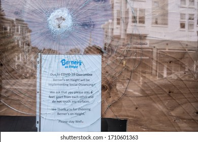 SAN FRANCISCO, CA / U.S. - MARCH 21, 2020: A Smashed Window Of A Small San Francisco Business Located On The Iconic Haight Street As The City Grapples With The Devastating Effects Of The Pandemic. 