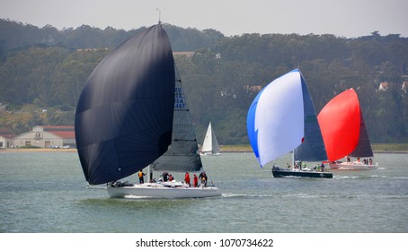 SAN FRANCISCO CA USA 04 12 05: Sailing Boats In San Francisco Bay Is A Shallow Estuary In The U.S. State Of California. It Is Surrounded By A Contiguous Region Known As The San Francisco Bay Area 