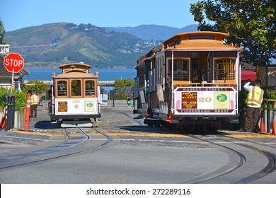 SAN FRANCISCO CA USA APRIL 16 2015: Operator prepare a cable car for riding in San Fransisco CA USA. It is the oldest mechanical public transport in San Francisco which is in service since 1873