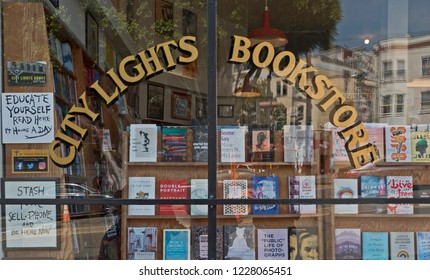 San Francisco, CA / USA - August 2017: City Lights Bookstore Showcase At Columbus Ave.