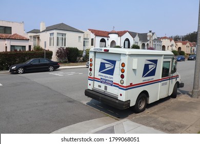 San Francisco, CA USA
August 19, 2020
Mail Truck Photographed From The Back Next To Homes.