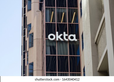 San Francisco, CA, USA - Feb 9, 2020: The Okta logo is seen at the cloud software company Okta, Inc.'s Headquarters in the SoMa District in San Francisco.