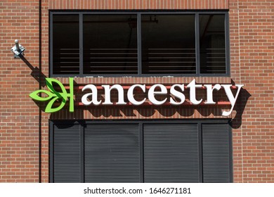 San Francisco, CA, USA - Feb 8, 2020: The Ancestry Logo Seen At Ancestry San Francisco Office. The Genealogy Company Operates A Network Of Genealogical, Historical Records And Genetic Genealogy Sites.