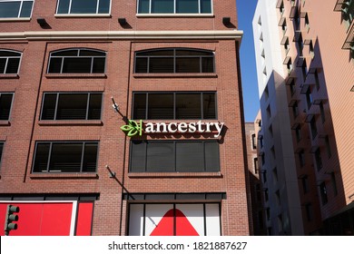 San Francisco, CA, USA - Feb 8, 2020: The Ancestry Sign Is Seen At The San Francisco Office Of Ancestry.com LLC, Which Operates A Network Of Genealogical, Historical Records & Genetic Genealogy Sites.