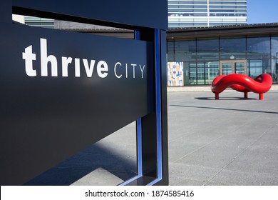 San Francisco, CA, USA - Feb 9, 2020: The Thrive City sign is seen at the Chase Center in Mission Bay, San Francisco. Thrive City is a dynamic community gathering space created by Kaiser Permanente.