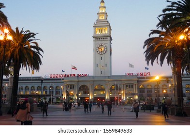 San Francisco, CA / USA - February 5, 2019: San Francisco's Historic Ferry Building At Dusk.