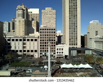 San Francisco, CA / USA - January, 25th, 2019: Union Square Seen From Above. Blue Sky, Skyscapers, Brand Name Shops.