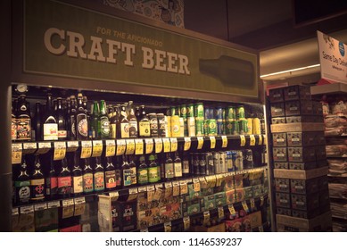 SAN FRANCISCO, CA, USA - JUL 17, 2018: Vintage Tone Wide Selection Of Domestic And Imported Beer At Grocery Store Open Fridge. Various Bottles Of Craft, Microbrews, IPAs, Worldwide On Display