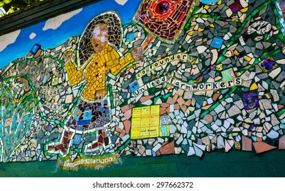 San Francisco, CA, USA - Jul. 18, 2015: Tile Street Mural Dedicated To Dolores Huerta, Co-founder Of United Farm Workers, Union Leader And Activist For The Rights Of Farm Workers And Women. 