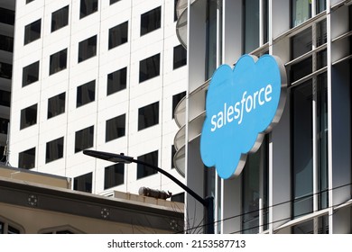 San Francisco, CA, USA - May 1, 2022: Salesforce logo is seen on the facade of Salesforce Tower at its headquarters in San Francisco, California. Salesforce, Inc. is a cloud-based software company.