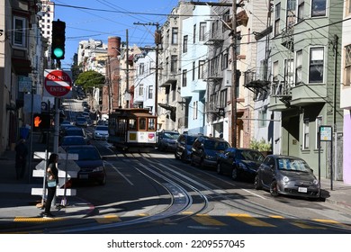 San Francisco, CA, USA - October 7, 2019: A Cable Car Going Downhill.