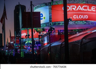 SAN FRANCISCO, CA, USA - SEPT 22, 2013: Outdoor pavilion of Oracle Open World conference opened at Howard street near Moscone Center in the evening on Sept 22, 2013 in San Francisco, CA, USA.