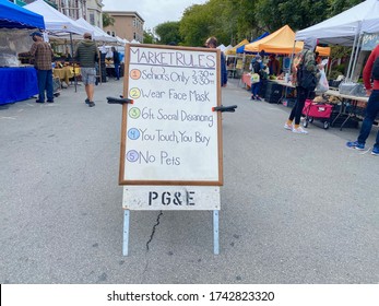 San Francisco, CA / USA - Sign At Entrance To The Castro District's Outdoor Farmers Market Listing Rules And Regulations For Shopping During The Covid 19, Corona Virus Pandemic  