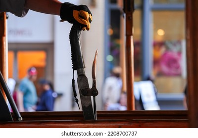 San Francisco Cable Car System. Detail View Of A Motorman Hand On The Brake And Acceleration System Part Of The Cable Car Tram.