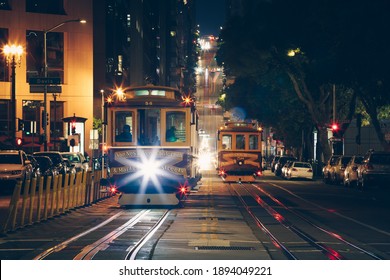 San Francisco Cable Car Trolley Tram On California Street At Night With City Lights, USA