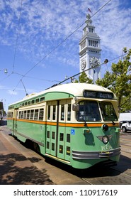 San Francisco Cable Trolley Car moves through the street California people mover transportation
