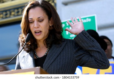 San Francisco, Calif., USA. October 27, 2005. District Attorney Kamala Harris speaks during a rally at San Francisco City Hall, October 27, 2005. Photo by Stephen Dorian Miner