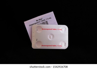 San Francisco , Californa / U.S.A. - October 27 2019: Single Dosage 1.5 Miligram Levonorgestrel Tablet; Synthetic Progestogen Used In Plan B Emergency Contraception And Hormone Therapy.