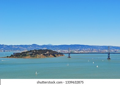 San Francisco, California, 06/07/2010: Aerial View Of Sailboats And The San Francisco-Oakland Bay Bridge, The Bay Bridge, Opened On November 12, 1936 In The Shallow Estuary Of The San Francisco Bay